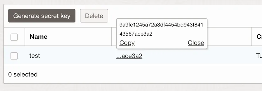OCI secret keys list - Hover key to view access key